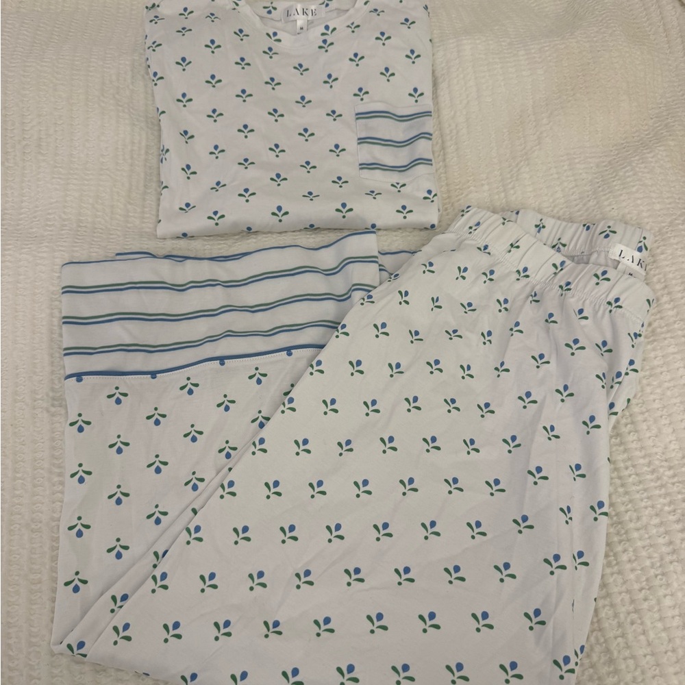 LAKE Pajama Set - Pima Crew Wide Leg Pajama Set in Serene Blue Multi Blossom